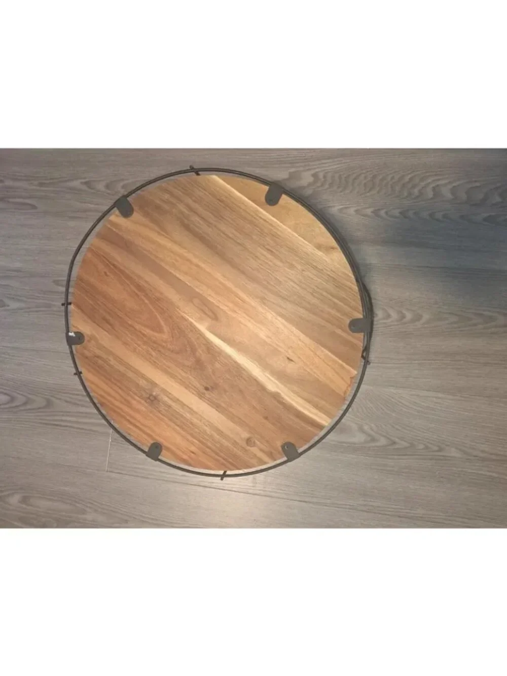 Acacia wood serving tray with black metal wire rim and handles, 16 inch diameter
